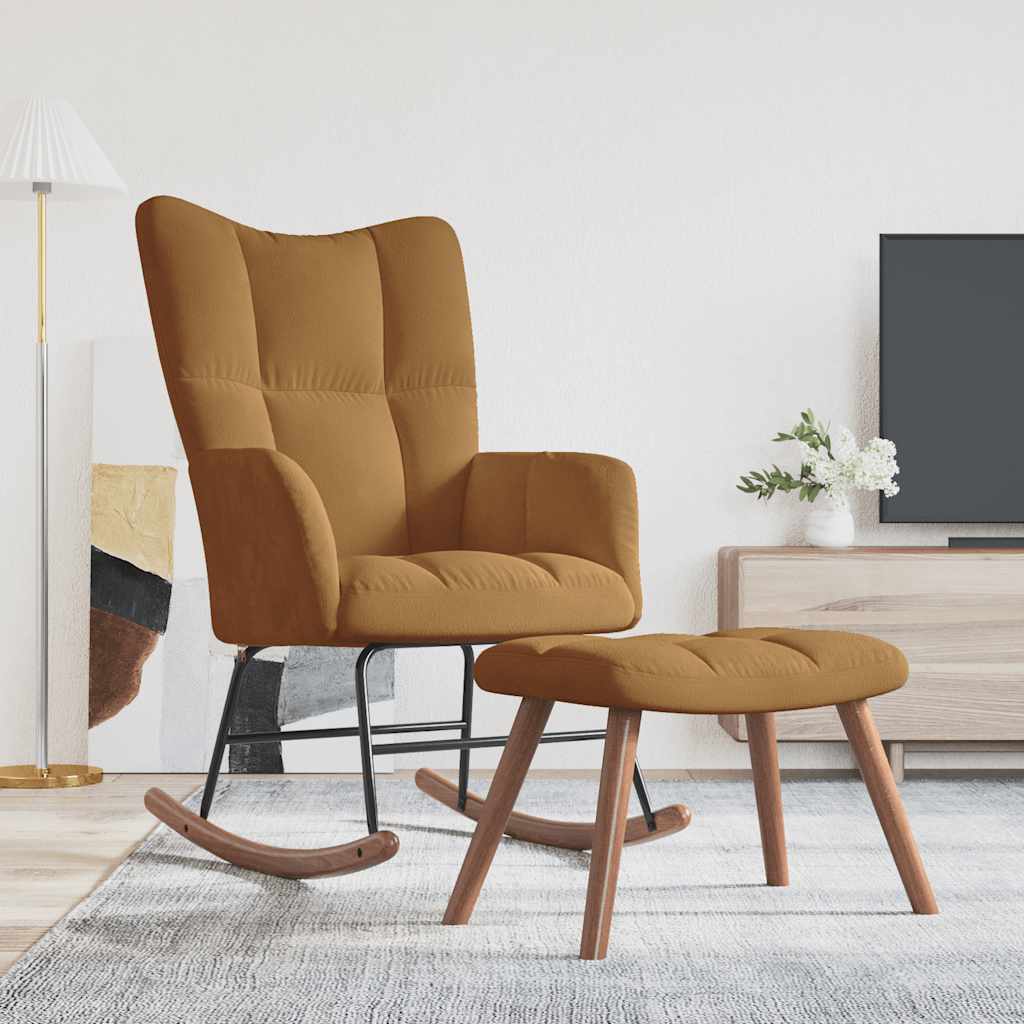 Chaise à bascule avec tabouret en velours marron - Imagem 3