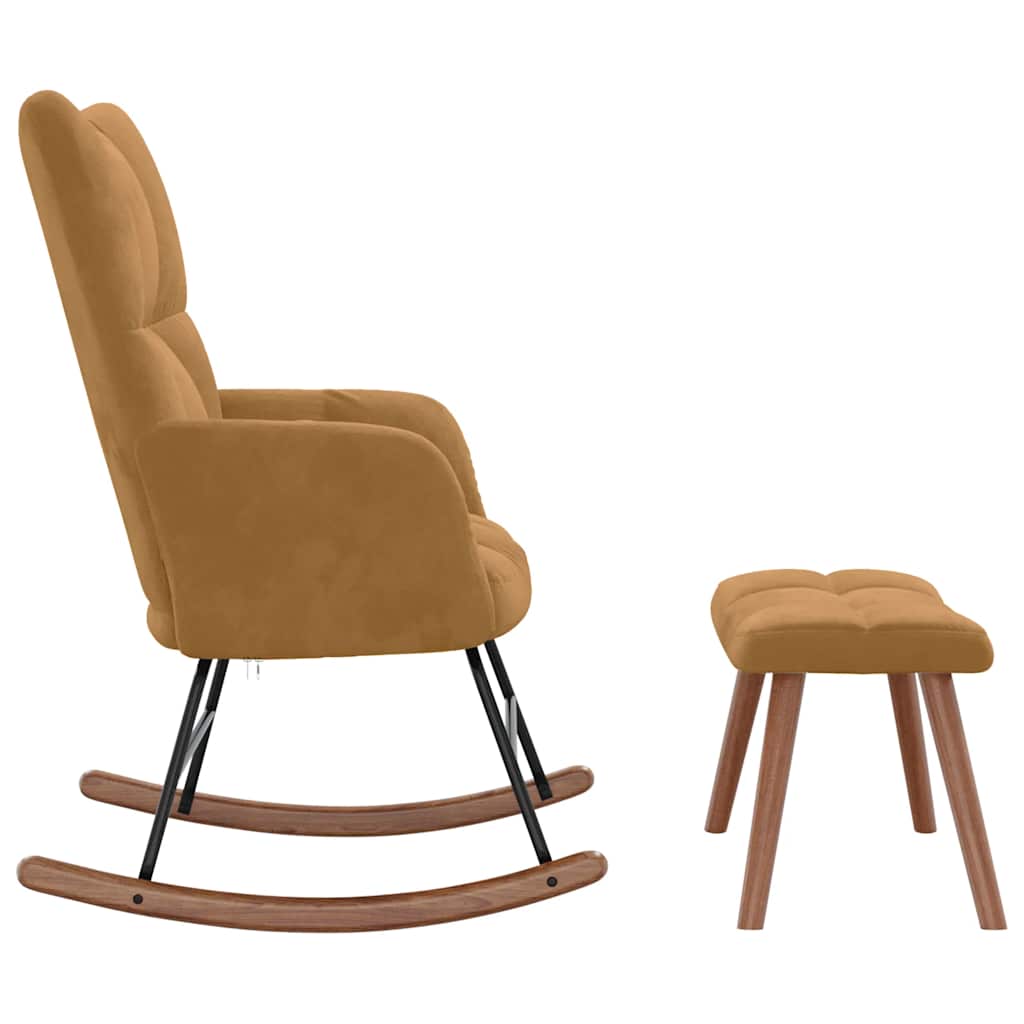 Chaise à bascule avec tabouret en velours marron - Imagem 6