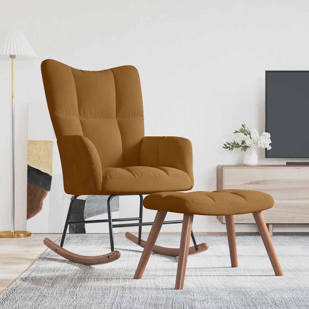 Chaise à bascule avec tabouret en velours marron - Imagem 1