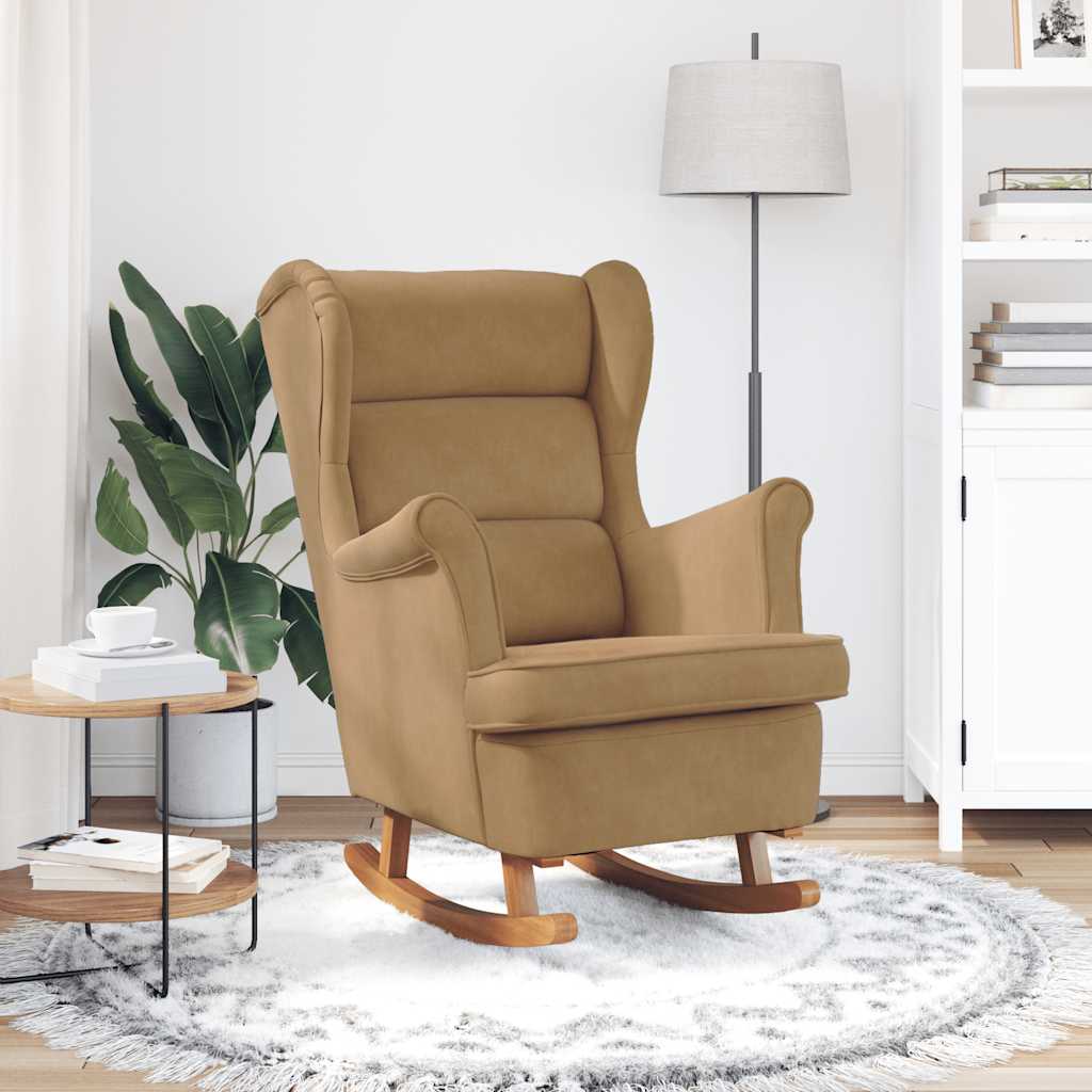 Fauteuil à bascule à oreilles en velours marron bois massif - Imagem 3