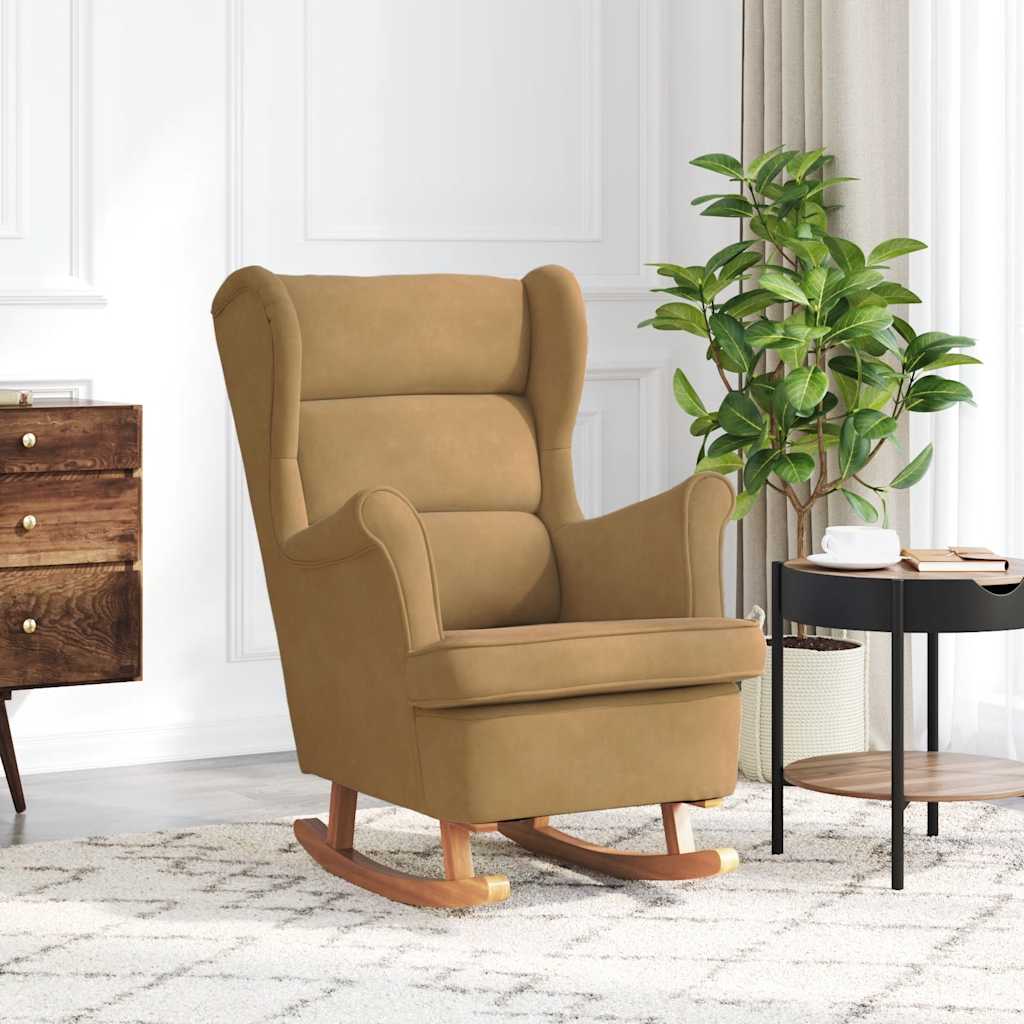 Fauteuil à bascule à oreilles en velours marron bois massif - Imagem 1