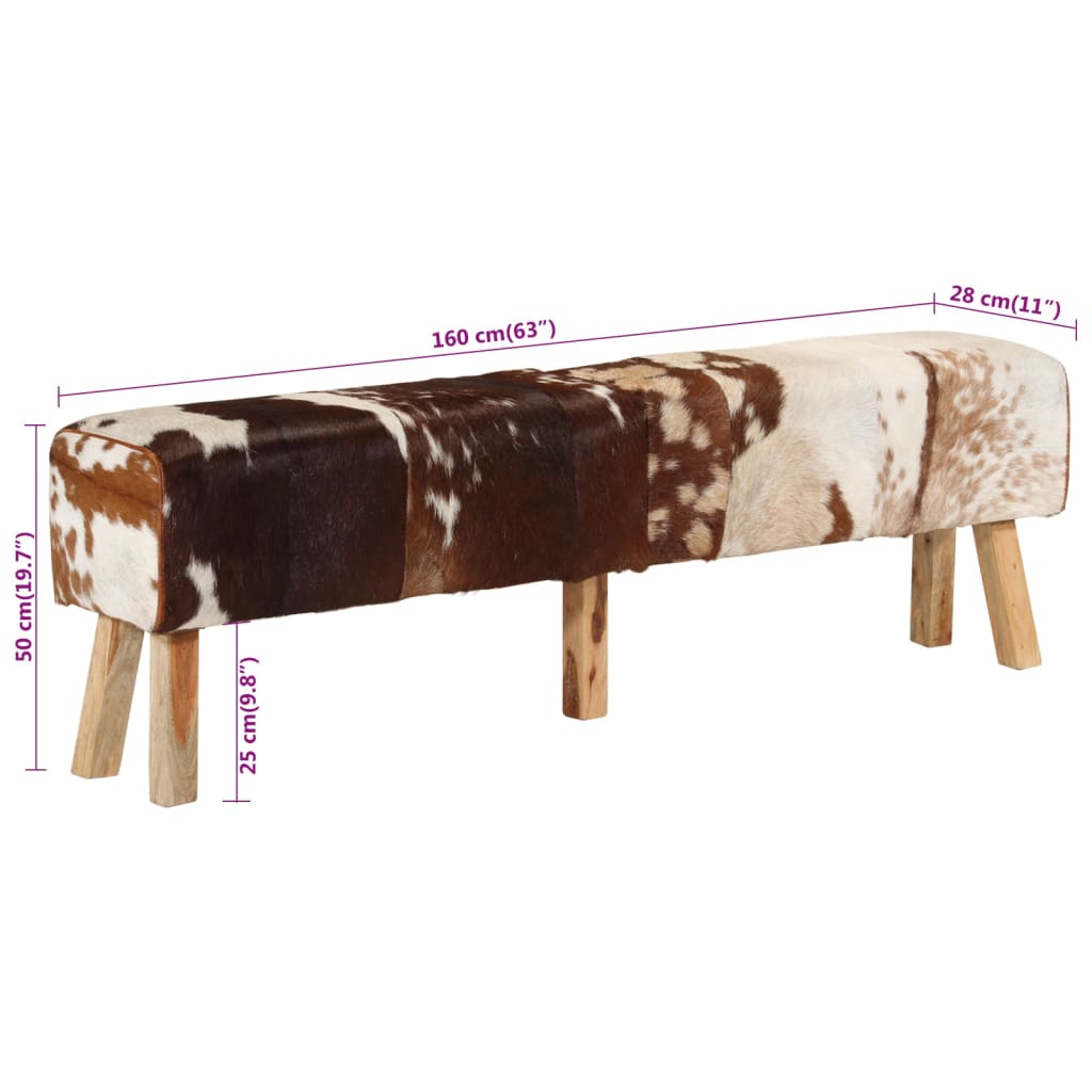 Banc marron et blanc 160x28x50 cm cuir de chèvre véritable - Imagem 8
