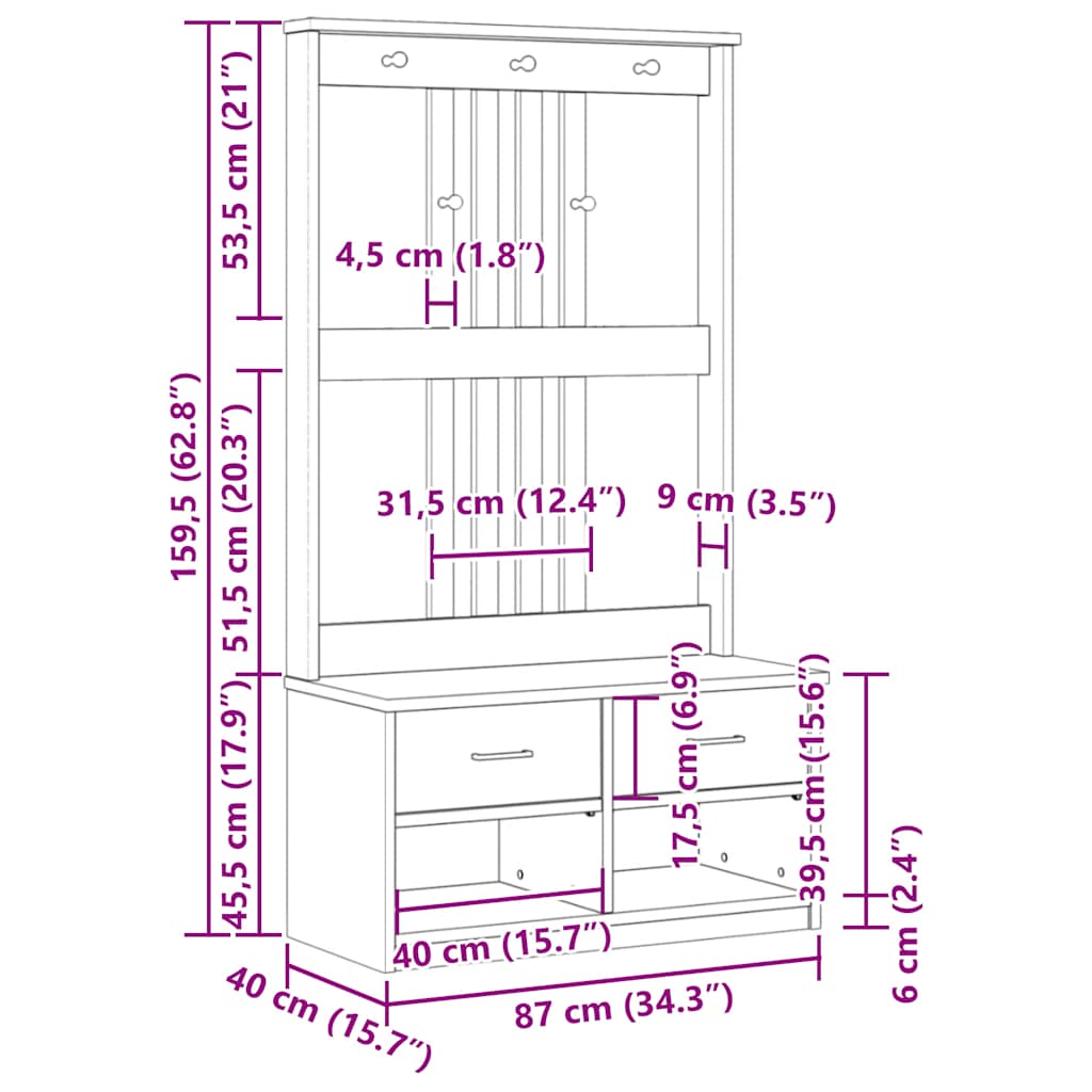 Portemanteau SANDNES 87x40x159,5 cm bois massif pin - Imagem 12
