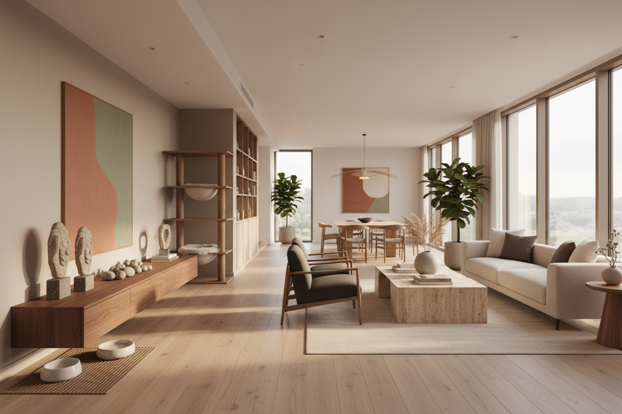 Chez Sensuri, le Feng Shui est interprété comme une lecture intelligente de l’espace: circulation naturelle, proportions justes, lumière maîtrisée et choix conscients des matières.