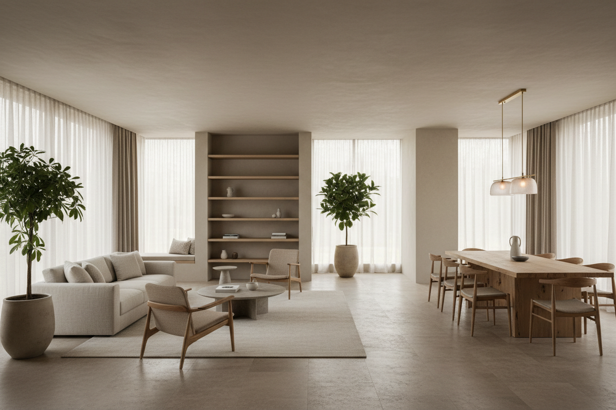 Chez Sensuri, le Feng Shui est interprété comme une lecture intelligente de l’espace: circulation naturelle, proportions justes, lumière maîtrisée et choix conscients des matières.