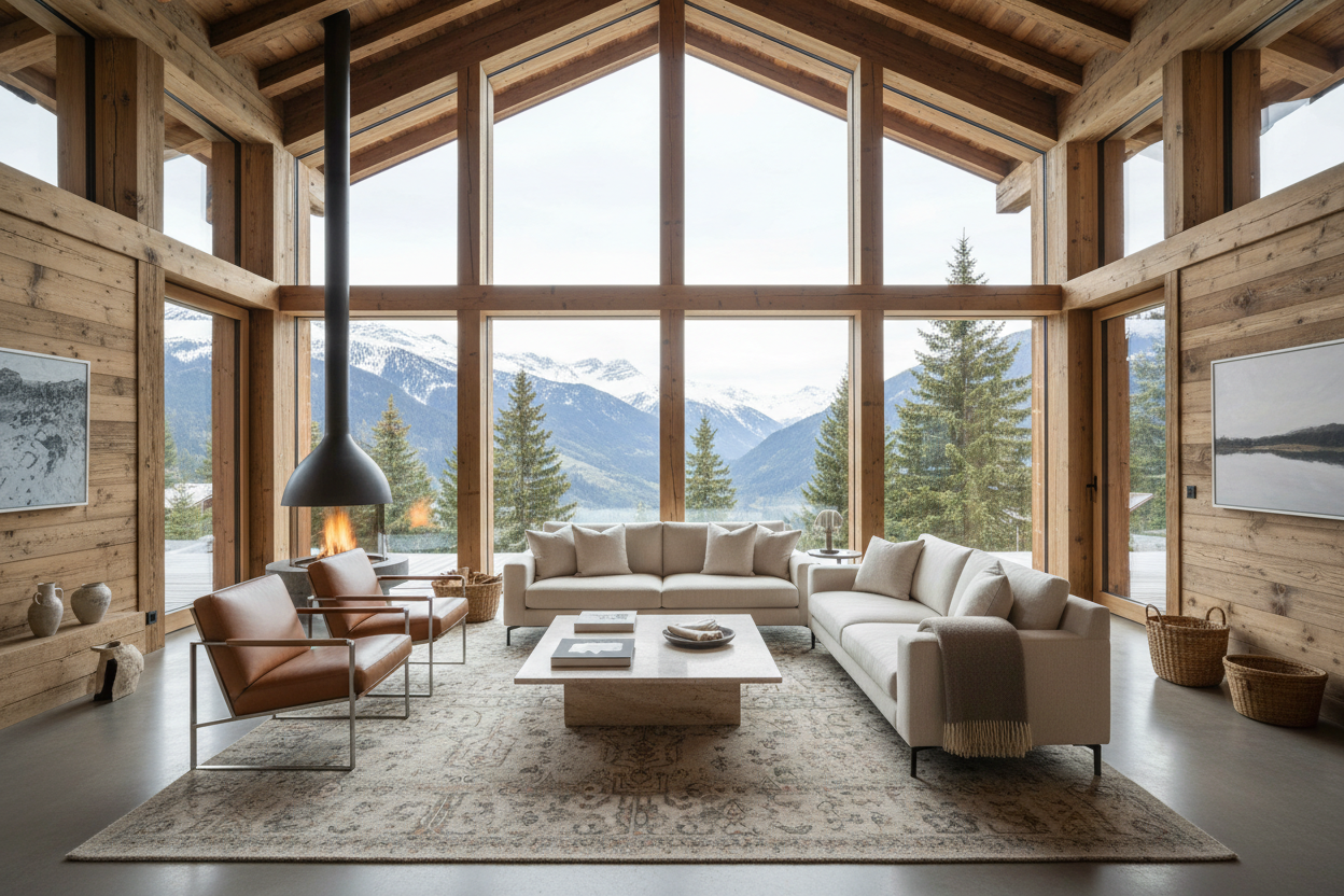 Fotorealistic wide-angle view of a luxurious Swiss living room, showing full architecture including walls, floor, ceiling, and large floor-to-ceiling windows. Cozy, warm, emotional, lived-in atmosphere conveying comfort and well-being. European contemporary design with modern Swiss influence, warm natural tones. Balanced layout: light luxury sofa, one or two brown leather armchairs with brushed aluminum frames, wooden or natural stone coffee table, large Swiss wool rug. Accessories: cashmere throw, art book